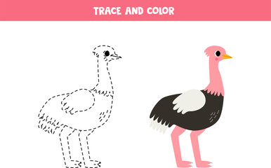 Trace and color cartoon ostrich. Worksheet for children.