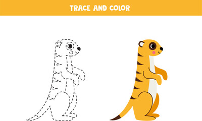 Trace and color cartoon meerkat. Worksheet for children.