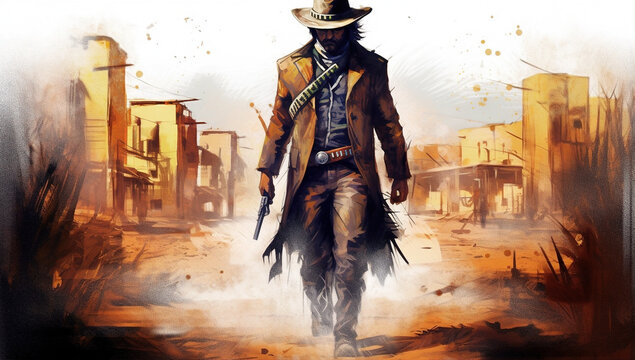 A cowboy walking with a gun in the middle of the Old West