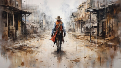 A cowboy walking with a gun in the middle of the Old West