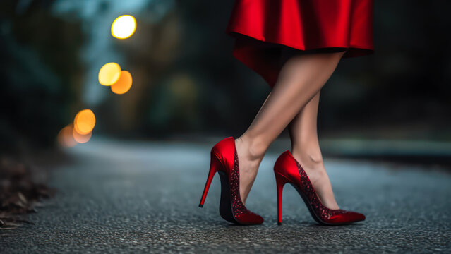 girl goes on a date in a red evening dress and high heels generative ai