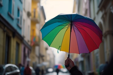 colorful umbrella on the background of a narrow city street rainy weather generative ai