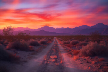 Fototapeta na wymiar road in the evening desert at sunset. generative ai