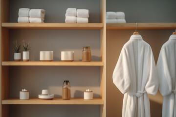 bathrobes and bath accessories on wardrobe shelves generative ai