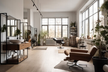 Fototapeta premium modern hairdresserin a bright room generative ai