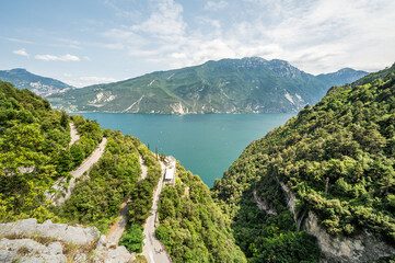 Via del Ponale - a trail carved in the rock along Lake Garda. - obrazy, fototapety, plakaty
