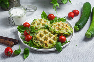 Zucchini waffles with arugula and cherry tomatoes in a plate