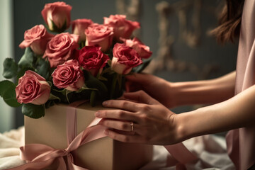 the girl received a gift with flowers generative ai