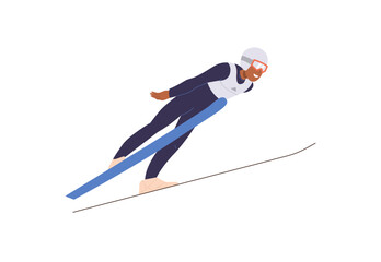 Active adult sportsman cartoon character in goggles and overalls enjoying bobsleigh extreme sport