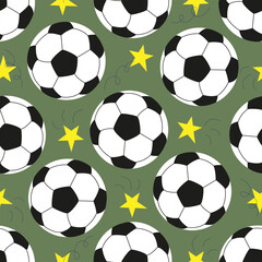 Vector seamless pattern with soccer ball and stars in cartoon style. Football vector background