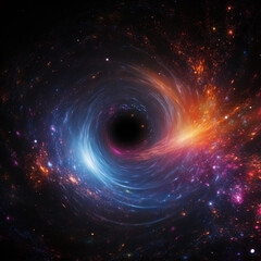 black hole with a glowing constellation of various colors revolves around a black hole in the universe	