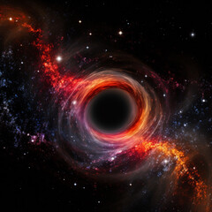 black hole with a glowing constellation of various colors revolves around a black hole in the universe	