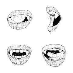 set vampire lips collection sketch vector illustration line art