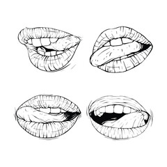 set mouth tongue collection sketch vector illustration line art