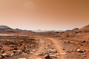 Fototapeta premium Mars. Martian landscape. Martian panorama. Road on mars. Generative AI technology.