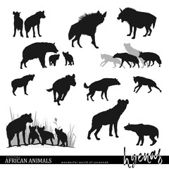 Hyena silhouettes set with wildlife scenes. African savannah animals. Vector illustration.