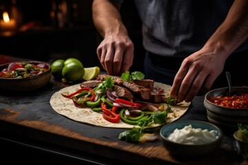 a chef garnishing fajitas. maxican food cooking. Generative AI