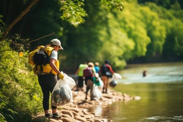 Obraz na płótnie Canvas Volunteer cleaning a river