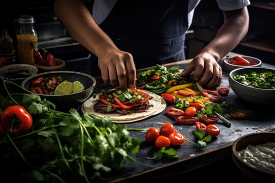 a chef garnishing fajitas. maxican food cooking. Generative AI