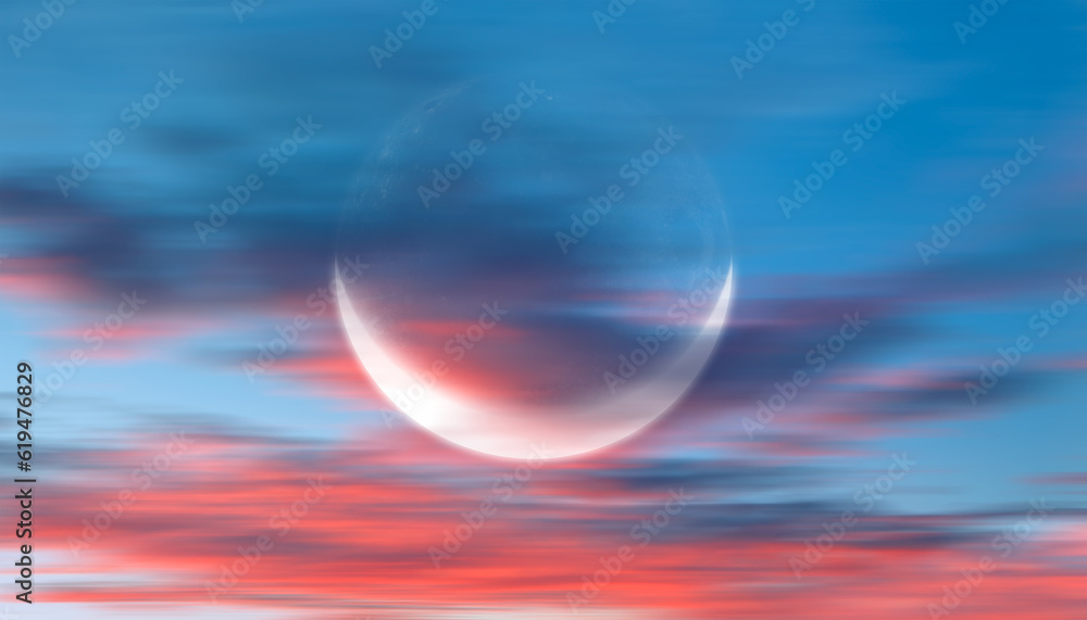 Aufkleber ramadan concept - abstract background with crescent moon over the sunset clouds