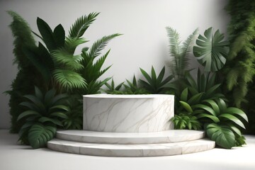 Fototapeta premium white marble cylinder podium green leaves in white background made with Generative AI