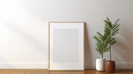 Blank photo frame mockup suspended from a wall, with a wooden floor beneath, minimalistic, cut-out style. --ar 16:9