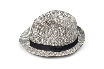 Light gray brim hat with black band, unisex, white background.