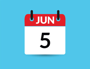 June 5. Flat icon calendar isolated on blue background. Date and month vector illustration