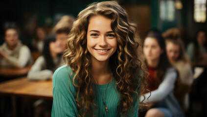 Obraz premium Portrait of a Young University Student: A Determined Woman Captured in an Academic Portrait with an Auditorium as the Background, Symbolizing Her Educational Journey.