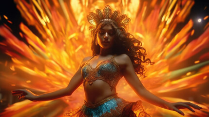 Dancing with Flames: A Brazilian Beauty Ignites the Dance Floor in Her Sizzling Samba Dress, Celebrating Rhythm and Culture
