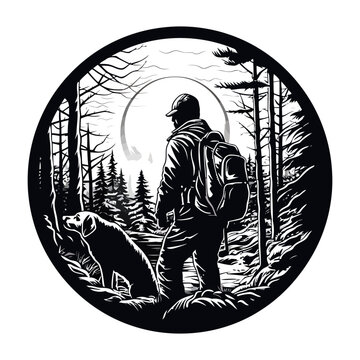 recommend clip art: Hunter and hunting animals in the pine forest.Vector silhouette of hunting isolated on white.