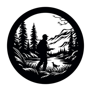 recommend clip art: Hunter and hunting animals in the pine forest.Vector silhouette of hunting isolated on white.
