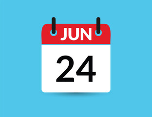 June 24. Flat icon calendar isolated on blue background. Date and month vector illustration