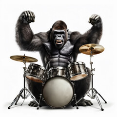Gorilla playing drums and cymbals on a white background