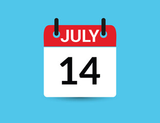 July 14. Flat icon calendar isolated on blue background. Date and month vector illustration