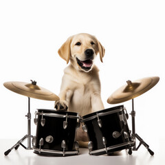 Fototapeta premium Labrador puppy with drum set isolated on white background. Studio shot.