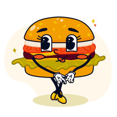 Retro cartoon burger girl character. Fast food mascot character in white gloves . Vector hand drawn Cheeseburger in a retro cartoon style for brochure, menu, logo, cards, poster