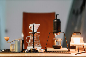 Obraz na płótnie Canvas Drip coffee tools in counter cafe, Slow bar coffee, Coffee shop concept.