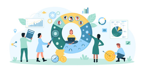 Audience segment analysis and brand positioning among potential customers vector illustration. Cartoon marketing group of tiny people research human resources in pie chart project with magnifier