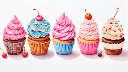 Set of cupcakes. Cupcake assortment sketch on white background for design, menu, web site, sticker, poster, banner, background. Row of colorful cupcakes isolated on white background. AI generated