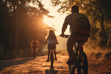 Family riding on bicycles through the forest during sunset, woodland, summer activity outdoors together, AI Generative.