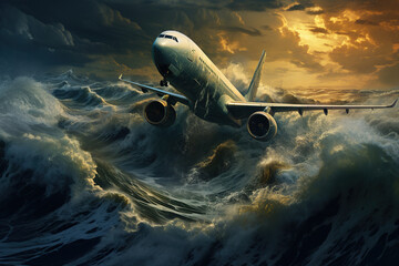 Plane flying over the ocean as it hits waves, the airplane sinking catastrophe, beautiful, AI Generative.