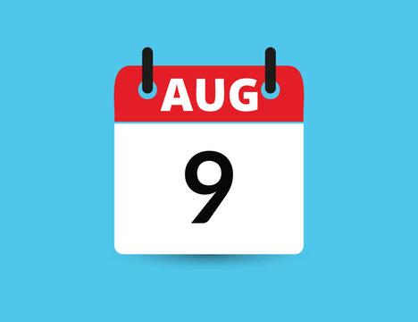 August 9. Flat icon calendar isolated on blue background. Date and month vector illustration