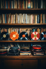 Old vinyl recordes shop  on the wooden table, Retro styled, AI Generative.