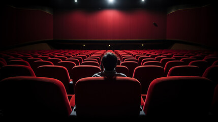 One lonely person in a theater on red seat watching in front , back view - obrazy, fototapety, plakaty