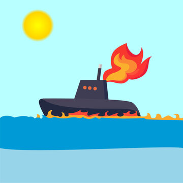 recommend clip art: burning submarine on water vector illustration, underwater craft on fire flat style vector illustration, nuclear submarine accident stock vector