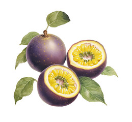 Botanical illustration, Passionfruit fruit whole and half in retro illustration style, PNG. Generative AI	 - obrazy, fototapety, plakaty
