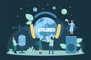 Cartoon tiny people pointing on Earth globe with headphones, using speakers and microphone to record radio podcasts, music and voice. Global telecommunication, sound recording dark vector illustration