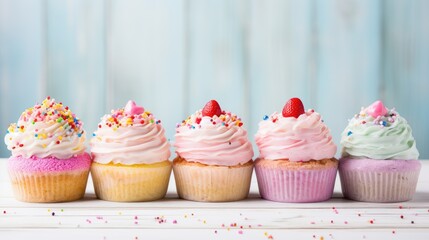 Pastell farbiger Geburtstagshintergrund mit bunten Cupcakes und Streuseln