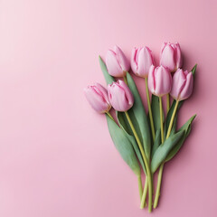 Bouquet of pink tulips on pink background. Flat lay, top view